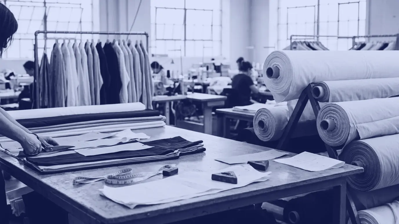 Kesim masasında dokuma kumaş katları, poplin ve twill kumaş topları, askıda dokuma gömlekler
