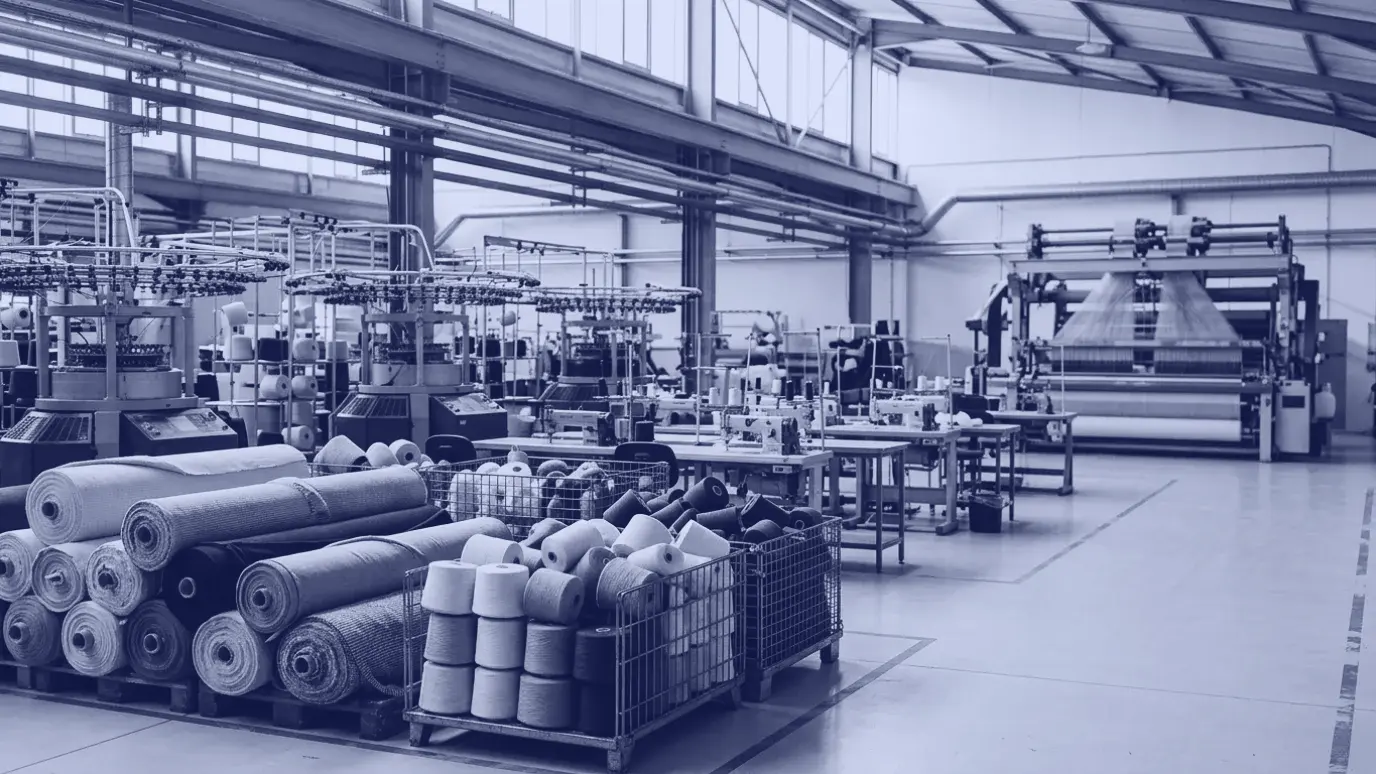 Wide textile factory hall with circular knitting machines, sewing machines and a loom, yarn cones in front