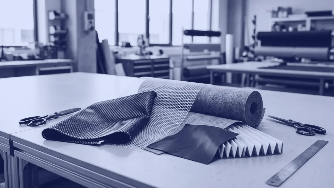 Technical textiles on a table: carbon fibre fabric, glass fibre mesh, nonwoven roll and pleated filter fabric