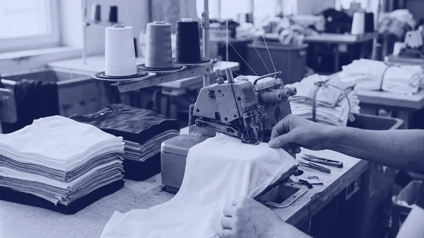 Hands feeding a white T-shirt body through an overlock machine, with stacks of T-shirts beside the sewing line