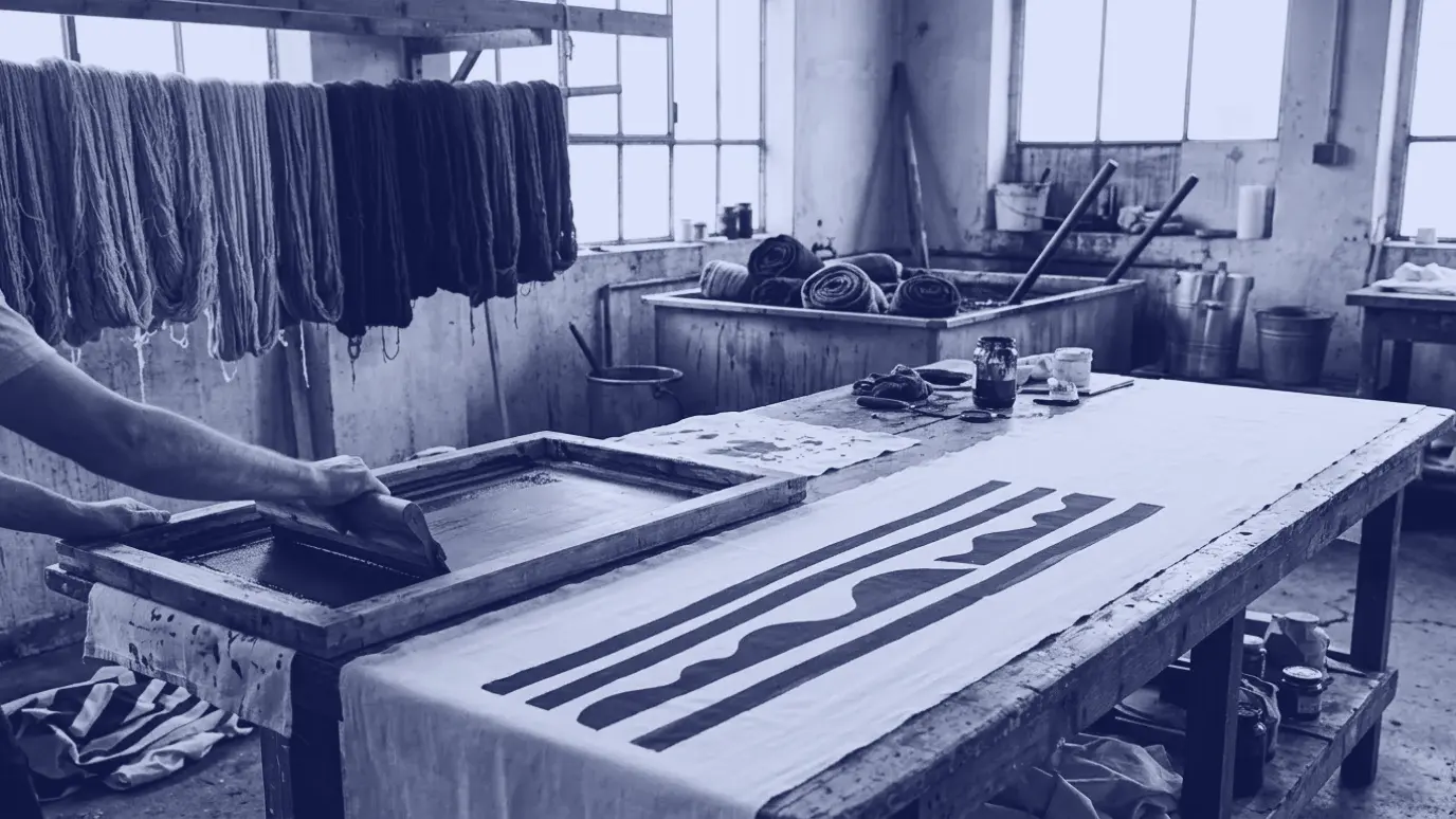 Asılı indigo ve mavi iplik çilelerinin yanında, çerçeveyle indigo desen basılan kumaş ve arkada boya teknesi