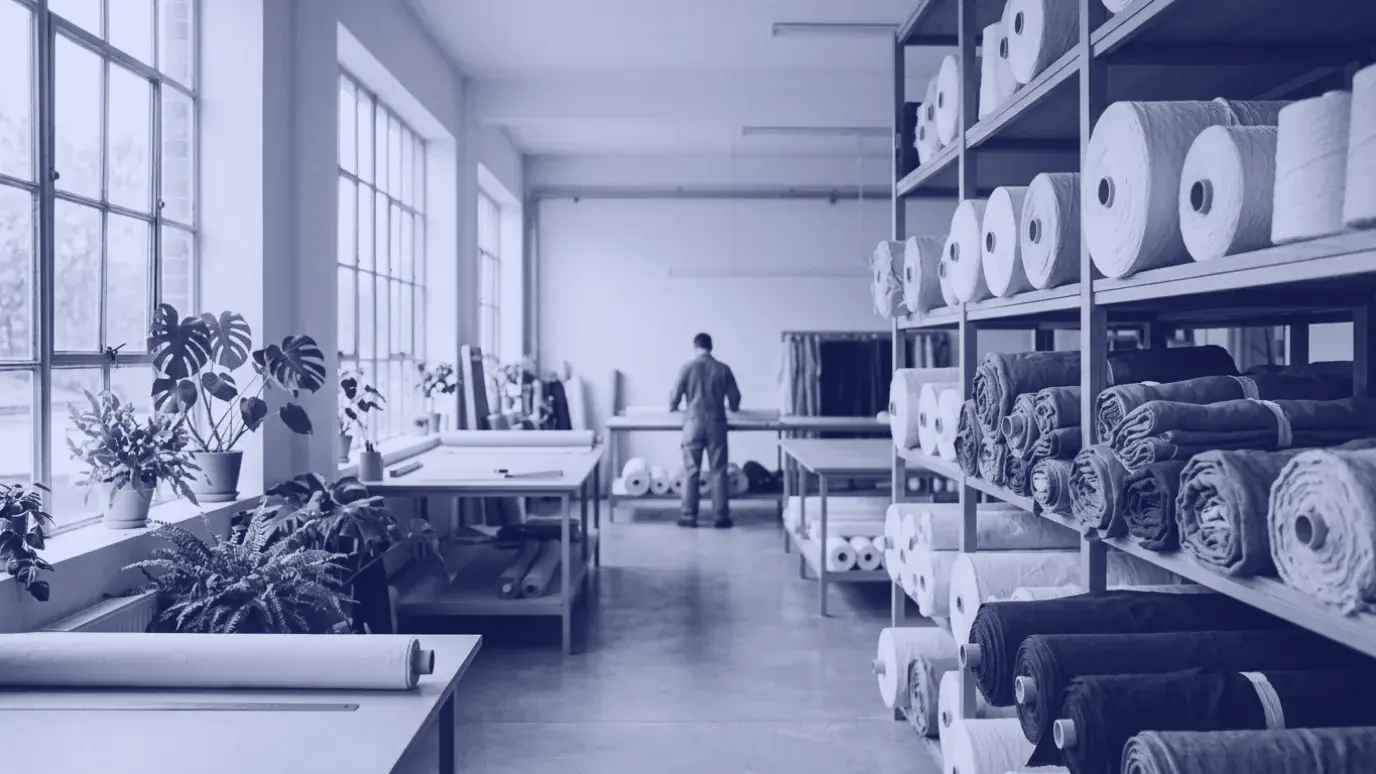 Calm, daylit textile workshop with shelves of undyed natural cotton fabric rolls and green plants