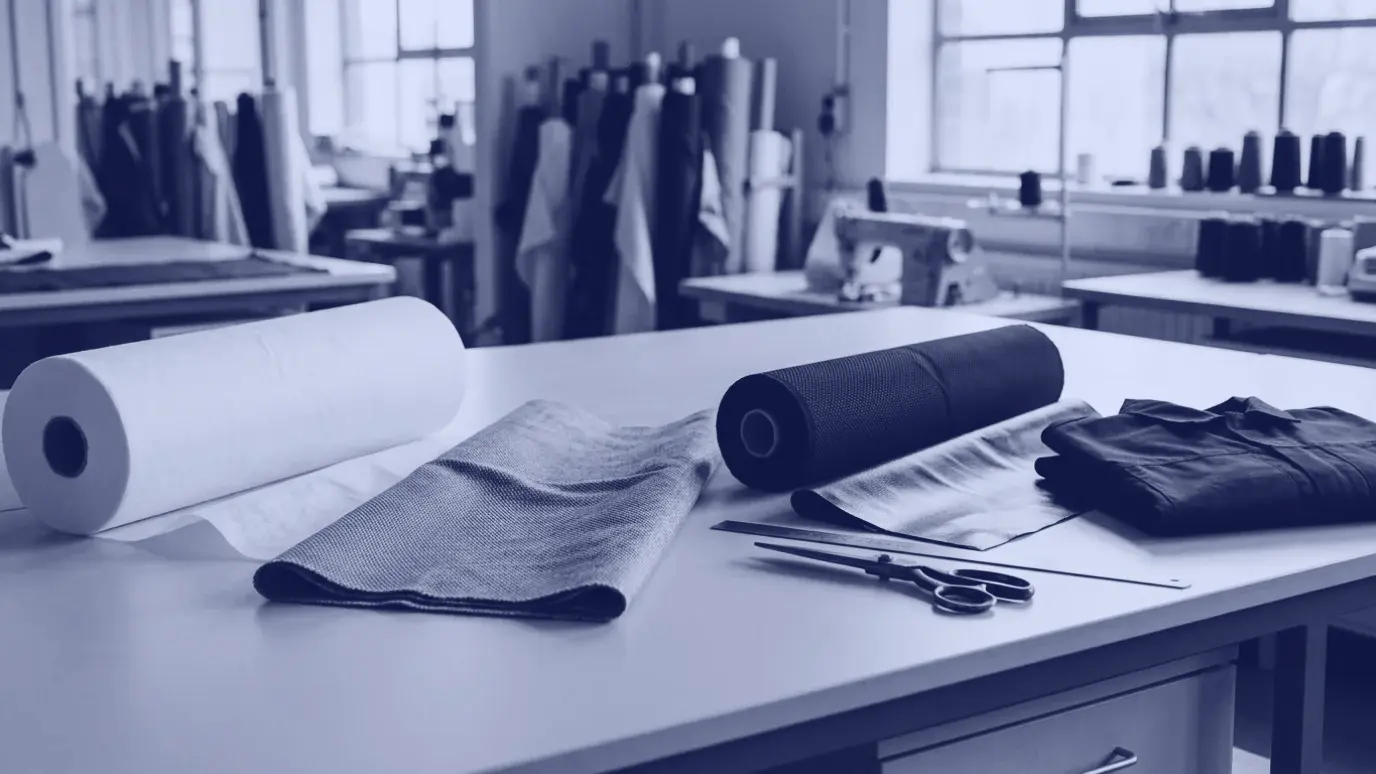 White non-woven roll, grey protective fabric, black automotive fabric and a navy protective garment on a lab table