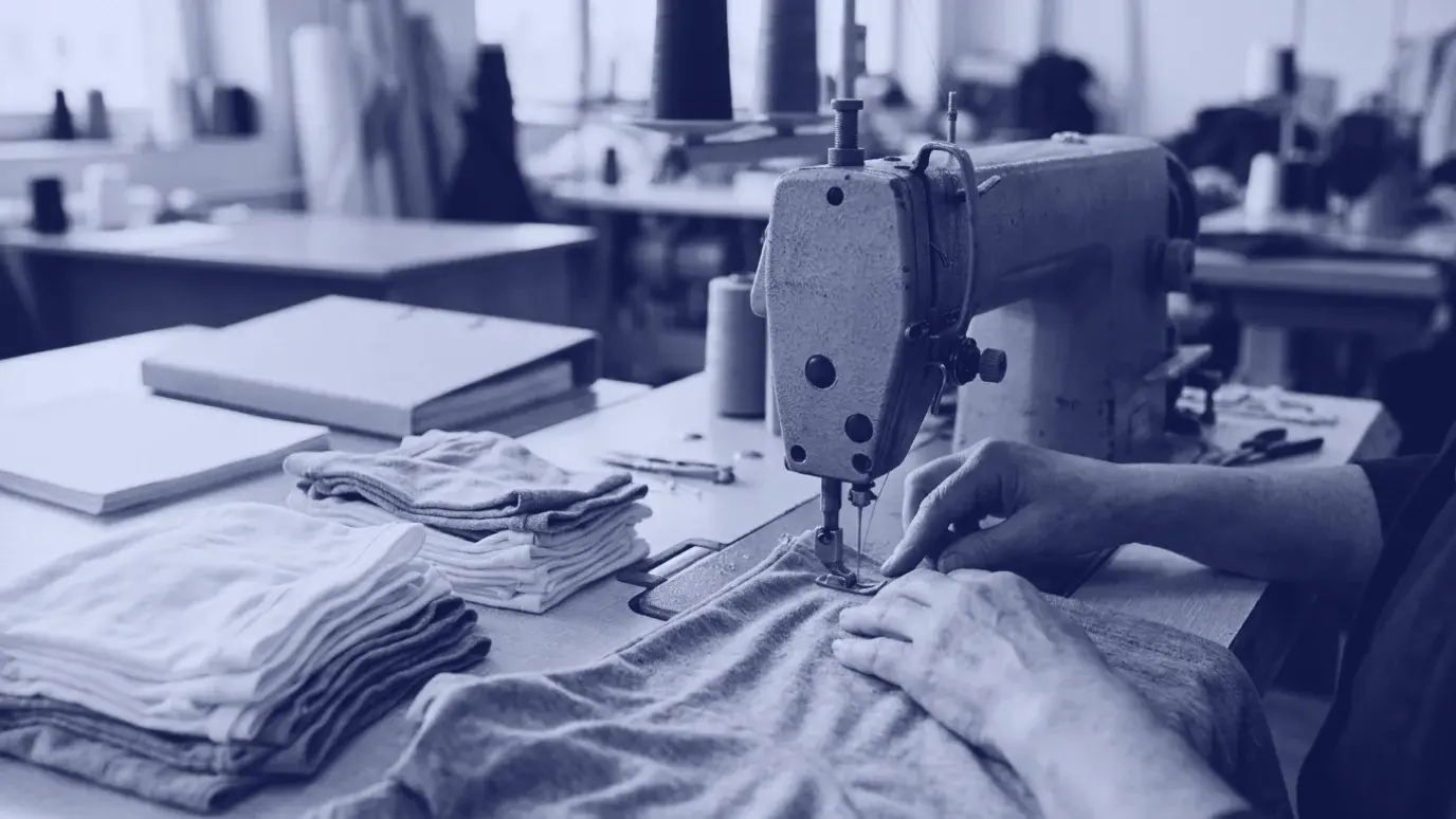 Dikim atölyesinde sanayi makinesinin altında gri örme kumaşı yönlendiren eller, yanında katlanmış kesim parçaları