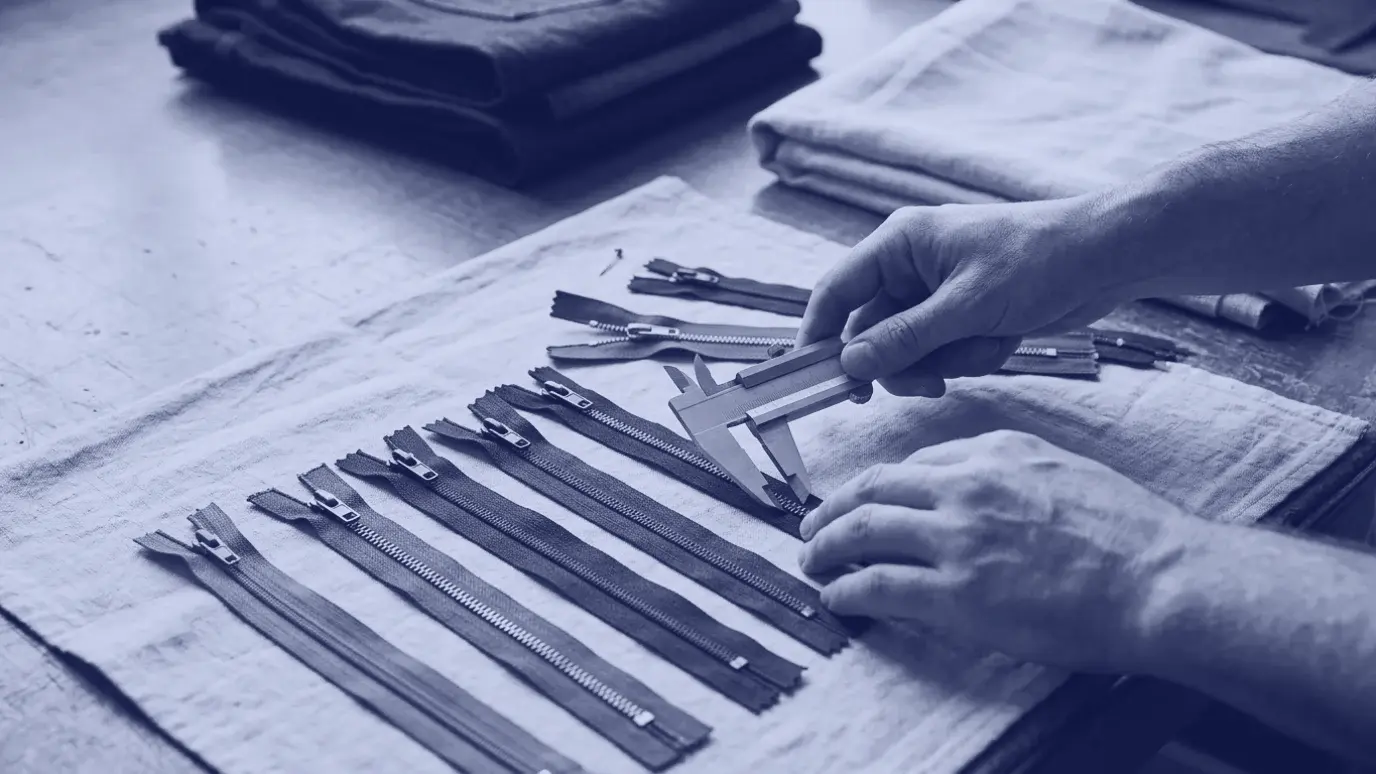 Hands measuring the tooth width of a metal zipper with a caliper, beside a row of metal and coil zippers on grey cloth