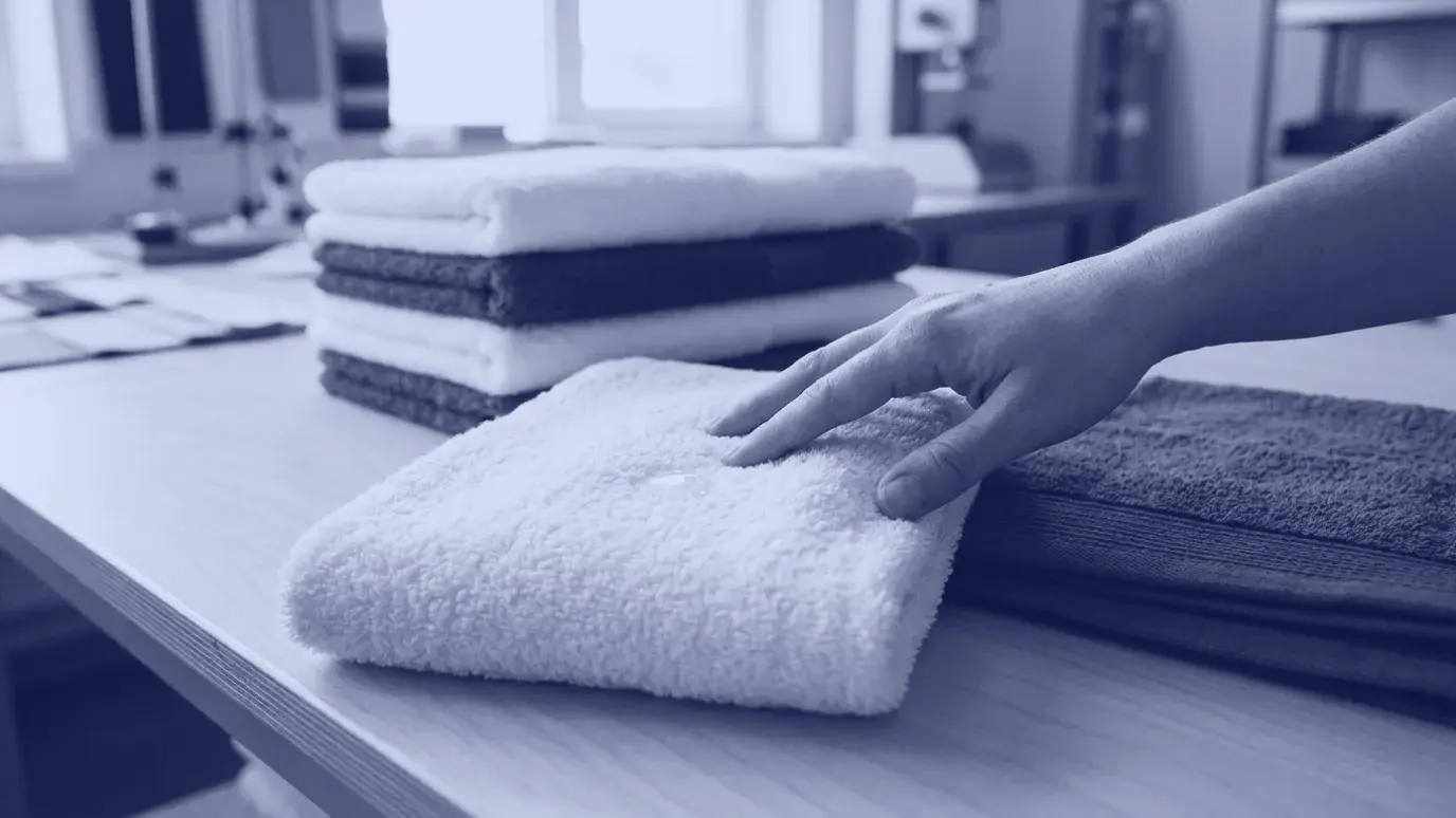 Hand touching the looped surface of a folded white terry towel with a water droplet, beside stacked white and blue towels