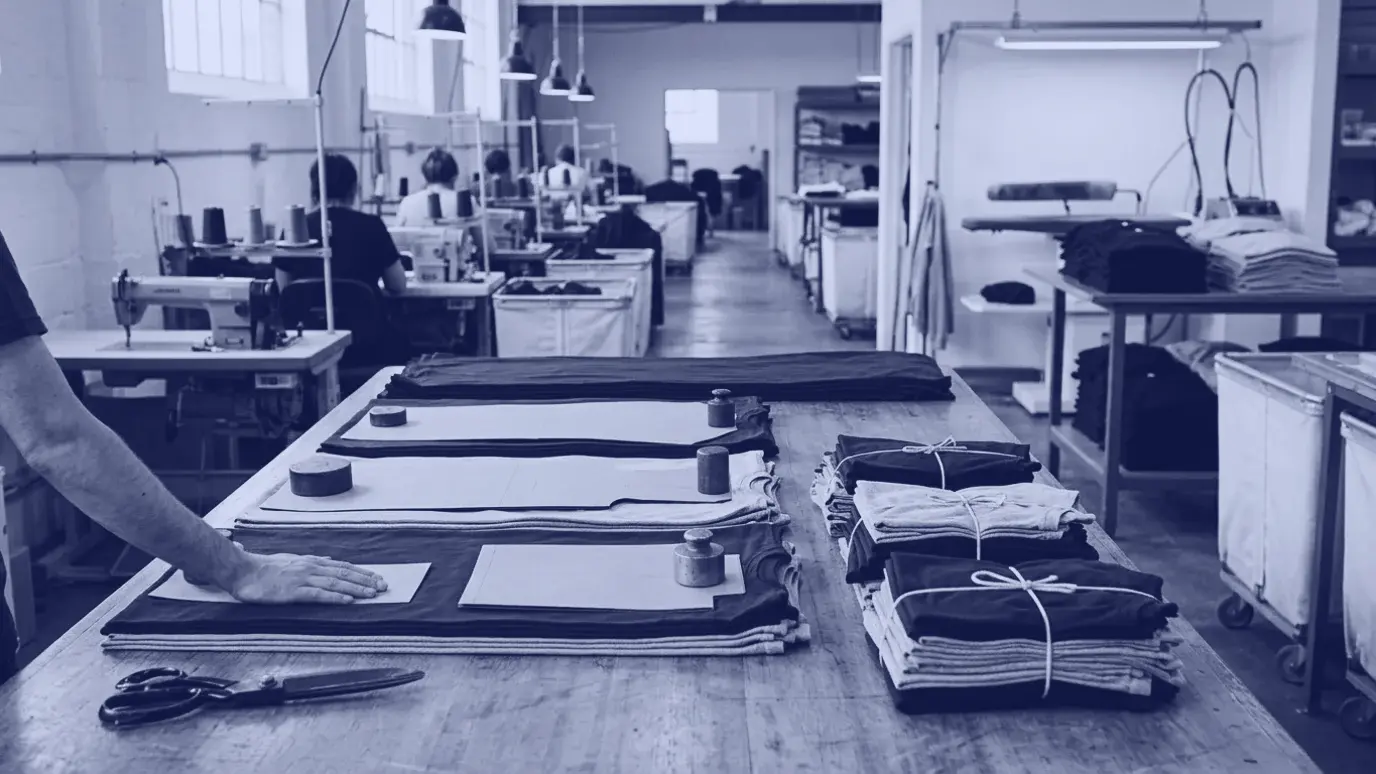 Cutting table with fabric layers and pattern pieces held by weights, with a sewing line and pressing station behind