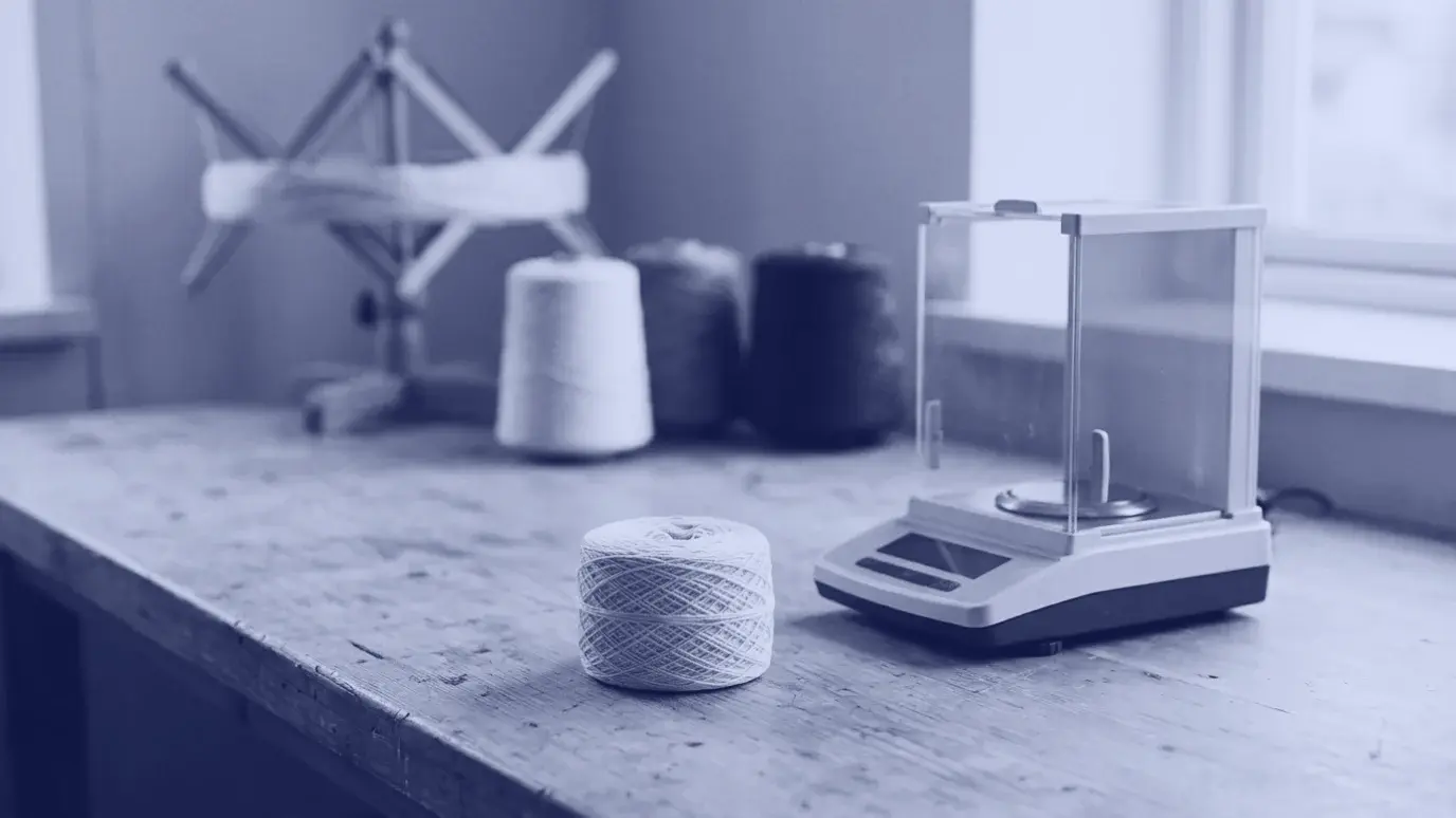 Wound ball of cream cotton yarn on a wooden bench beside a precision balance with a glass shield, with yarn cones and a reel behind