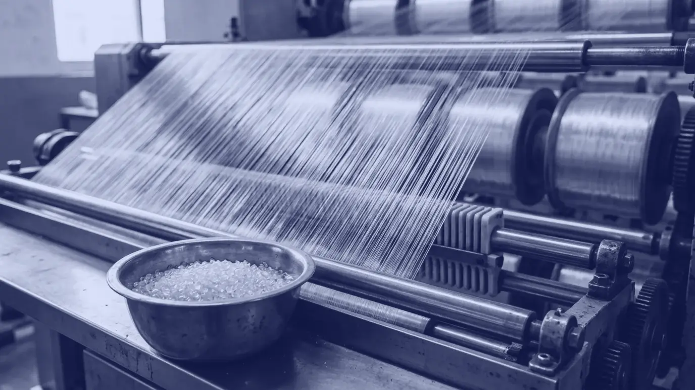 Glossy continuous polyester filaments winding onto bobbins in a yarn plant, with clear polymer chips in a bowl