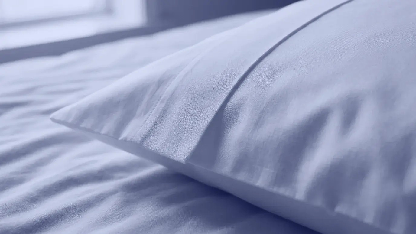 Beyaz percale yastık kılıfının keskin katlanmış kenarı; ince ve sık bezayağı dokusu