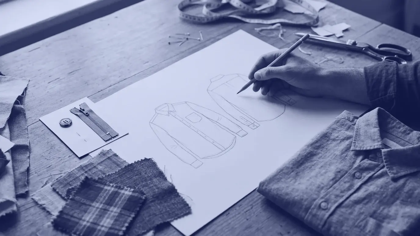 Desk with a pencil technical sketch of a shirt front and back, fabric swatches, a button and zipper, and a hand holding a pencil