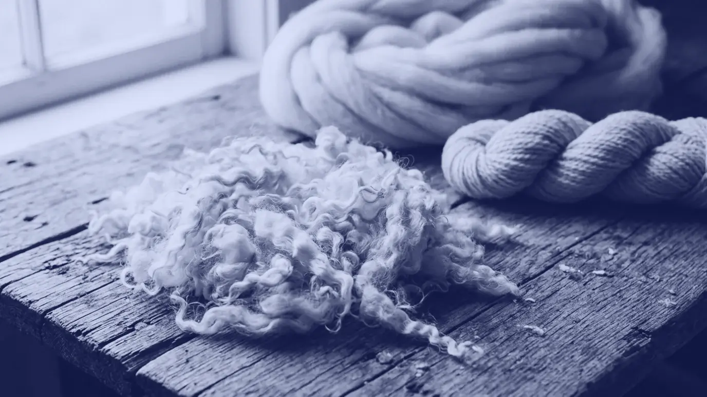 Washed raw wool locks with wavy crimp on a wooden table with combed wool top and a skein of wool yarn behind
