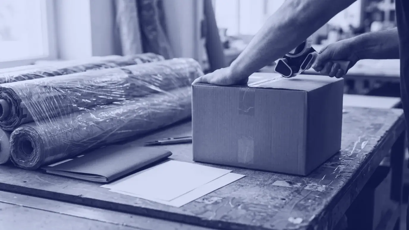 Paketleme masasında koliyi bantlayan eller; yanda streç filmli kumaş topları ve kapalı evrak klasörü