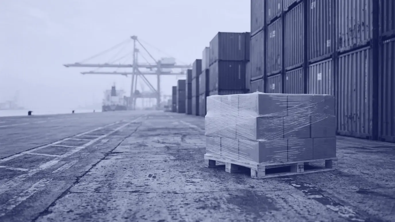Rows of shipping containers on a port quay with stretch-wrapped cartons on a pallet ready for shipment in the foreground