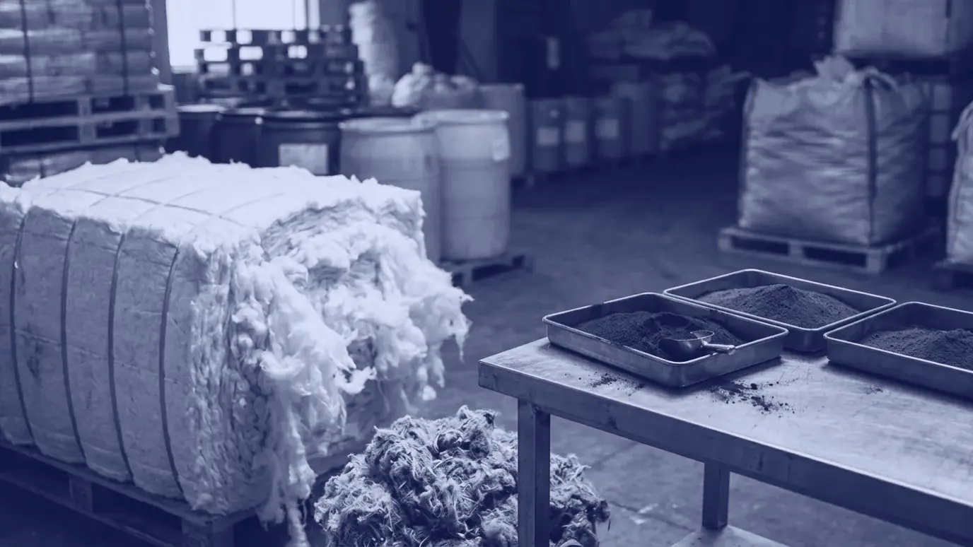 Plastik şeritle bağlı beyaz elyaf balası, yanında çelik masada lacivert, gri ve pas rengi boya tozu tepsileri