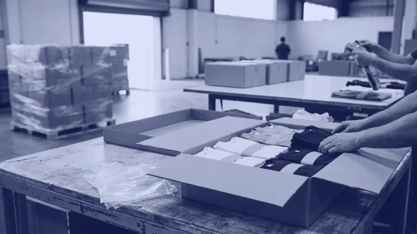 Paketleme masasında açık koliye dizilen katlanmış düz tişört desteleri, arkada streç sarılı koli paleti