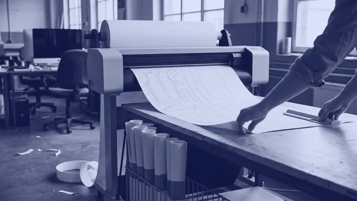 Plotterden çıkan uzun pastal kâğıdının kenarını düzelten eller; kâğıtta iç içe yerleşmiş gömlek parçası konturları