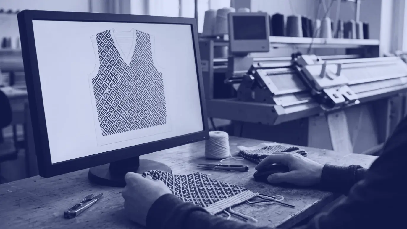 Ekranda elmas motifli örgü deseni çizelgesi; masada aynı motifli jakarlı numune, arkada düz örme makinesi