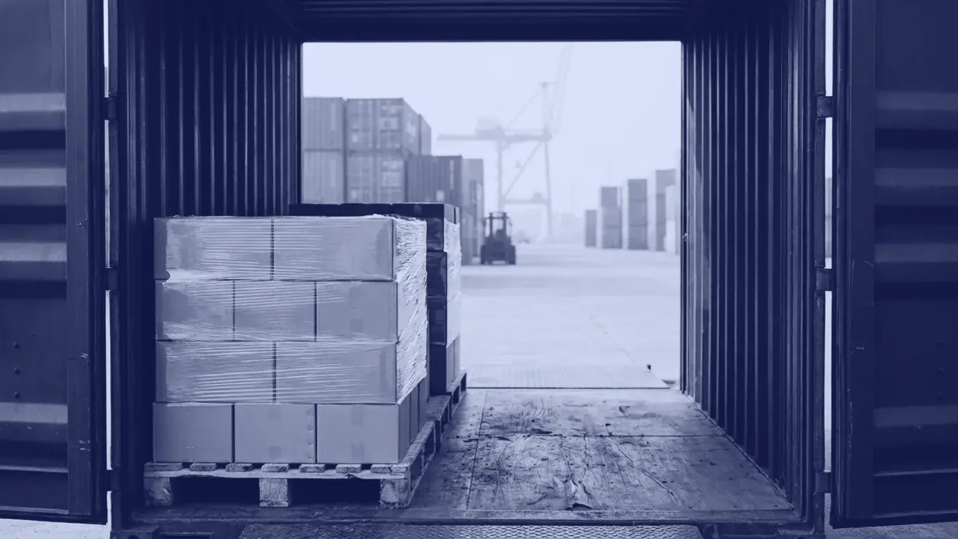View from inside an open shipping container: pallets of sealed cartons in front and a blurred port quay and crane outside
