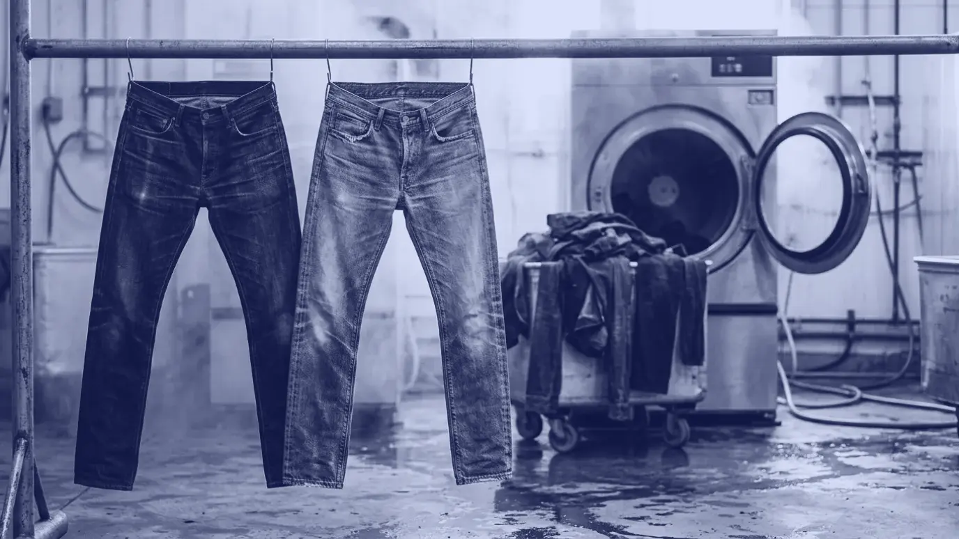 Two pairs of jeans in dark and faded washes hung beside an industrial washing machine, with a pile of damp denim