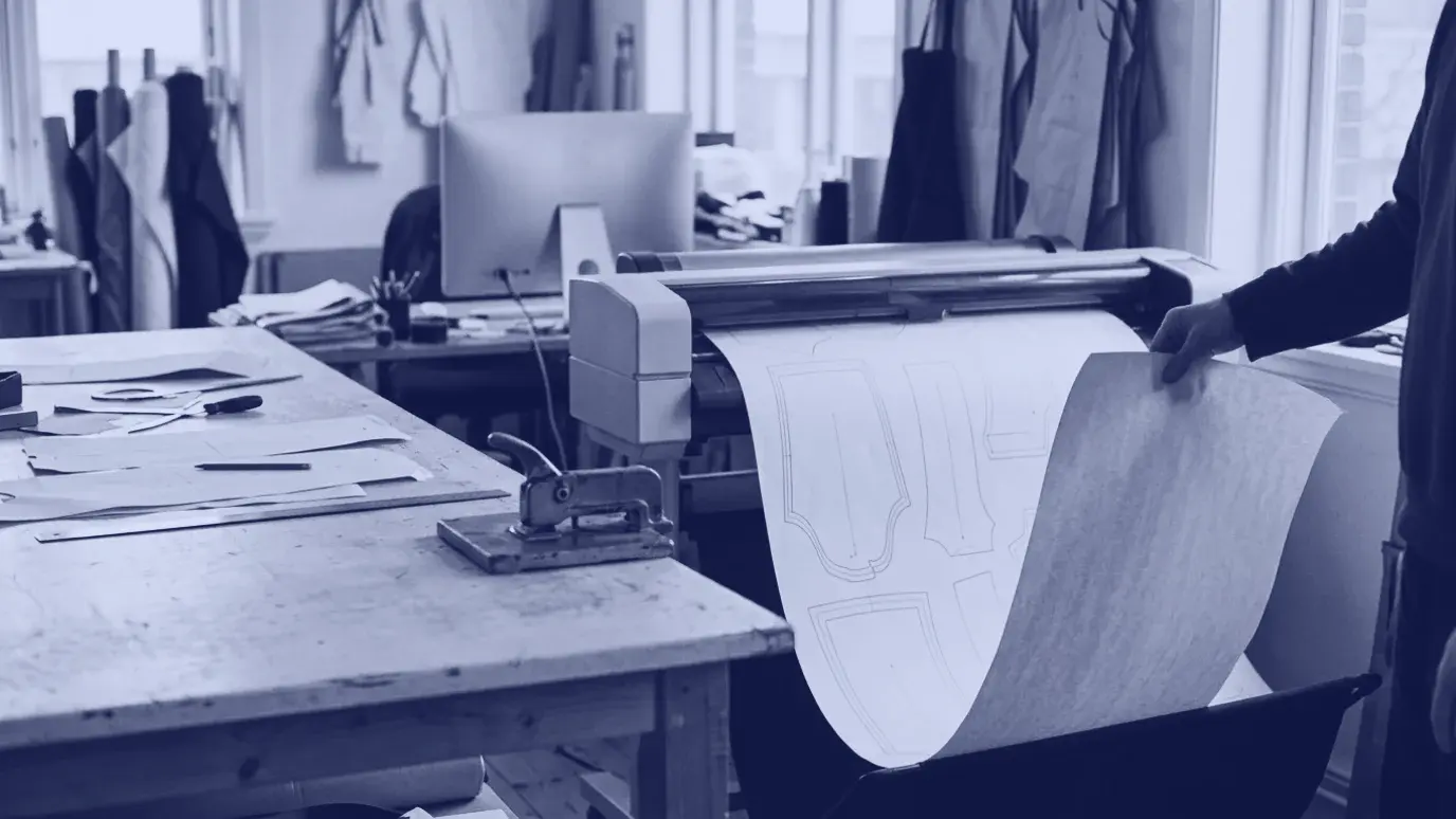 Kalıp masasında kâğıt kalıp parçaları ve plotterden çıkan sık yerleşimli dijital pastal çıktısını tutan el