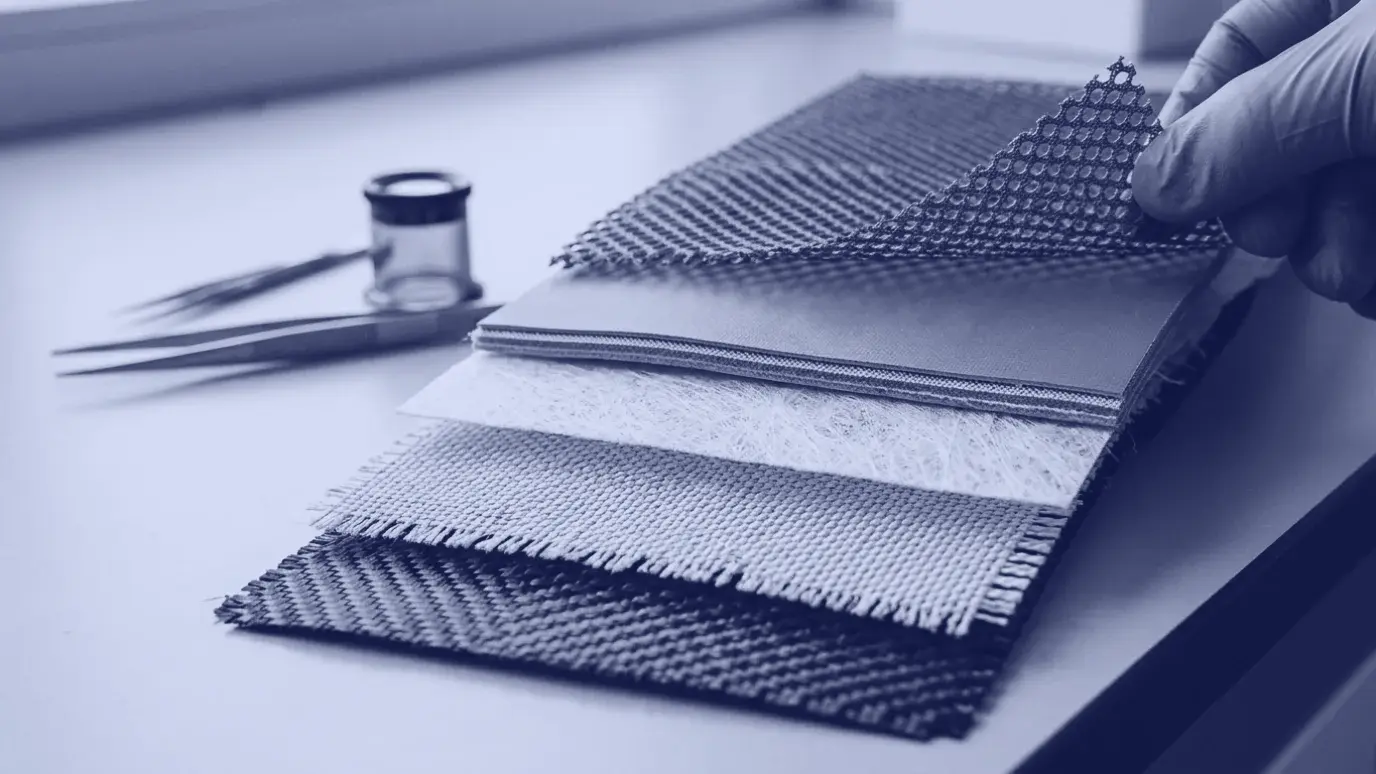 Five technical fabric layers fanned at the edges: carbon weave, aramid, spunbond nonwoven, coated membrane and open mesh