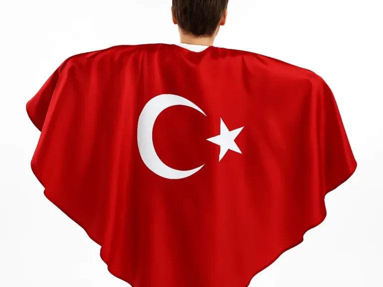 Ay-yıldız baskılı kırmızı saten bayrak pelerini, arkadan